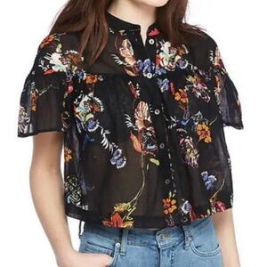 Free People Black Sheer Floral Button-Up Blouse